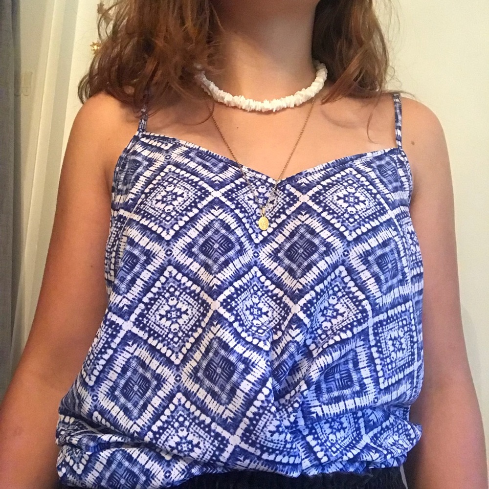 Blue and white patterned tank